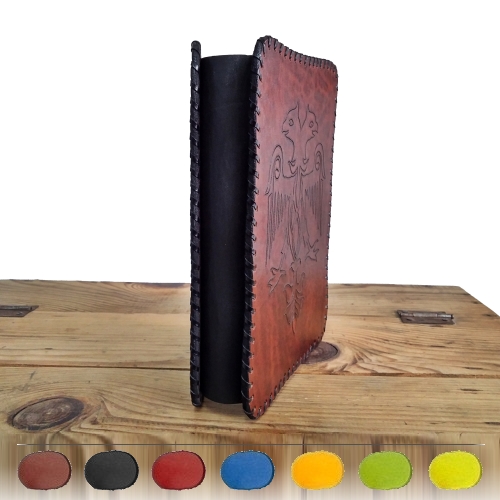 Hakiki Deri - Çift Başlı Kartal Desenli El Yapımı Deri Orta Boy Ajanda Kılıfı ( Siyah Körük )